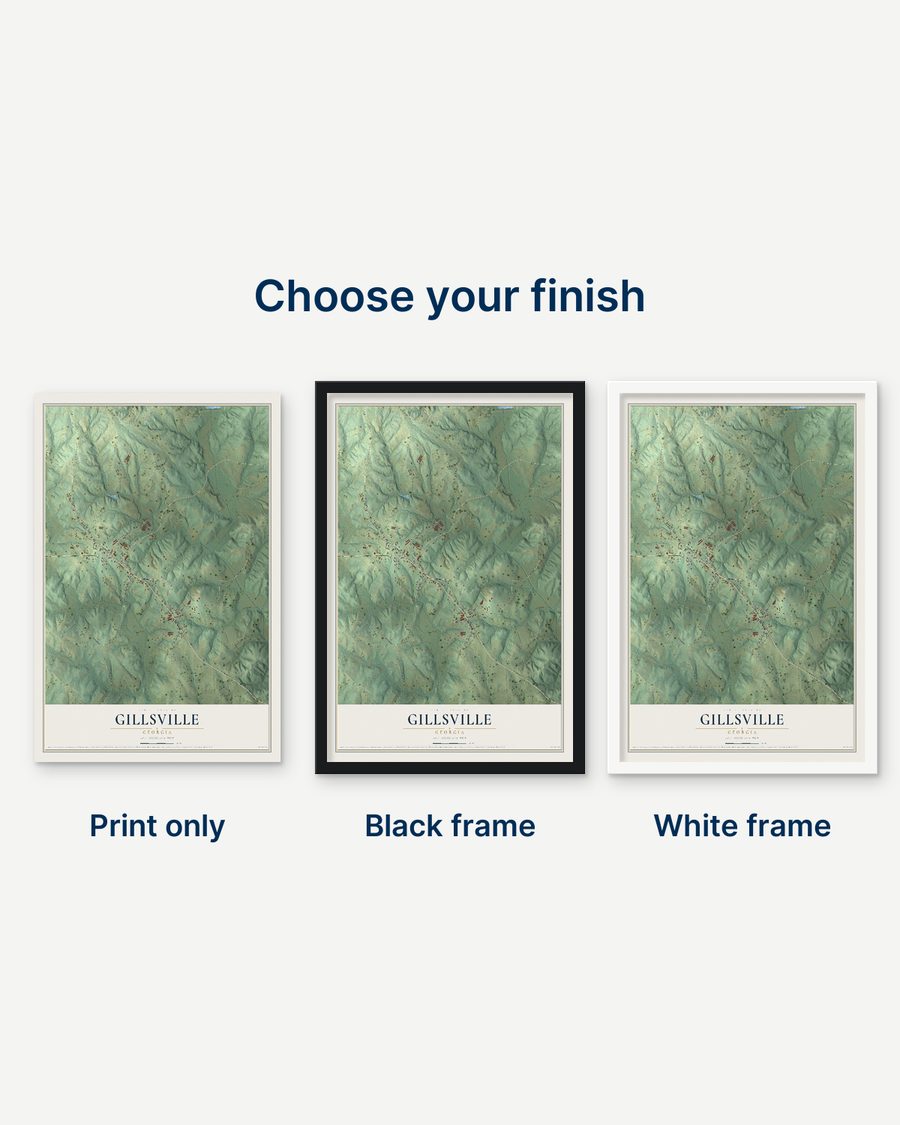 The Gillsville, Georgia map as a print only, in a black frame and in a white frame