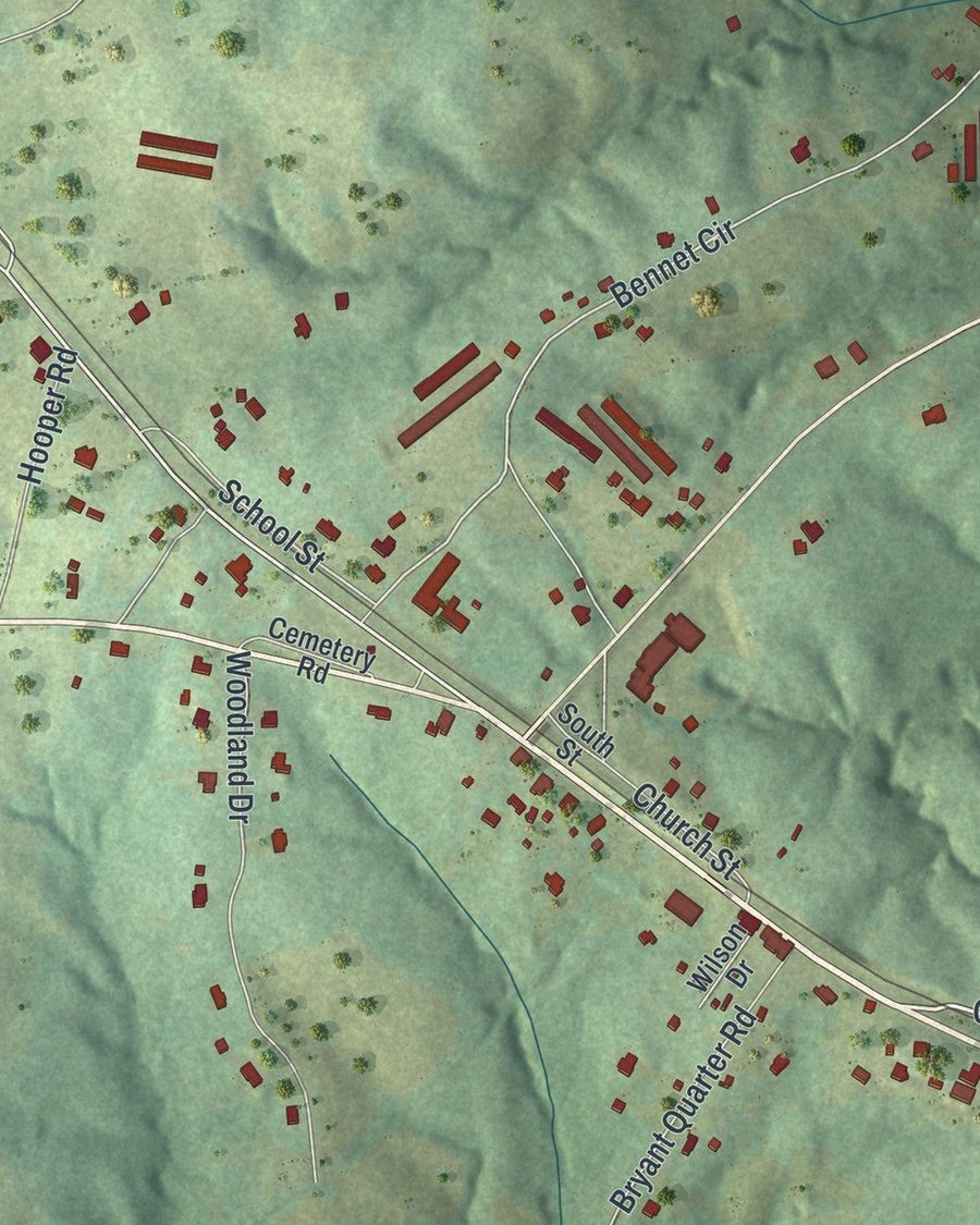 Close-up of Gillsville streets on the map
