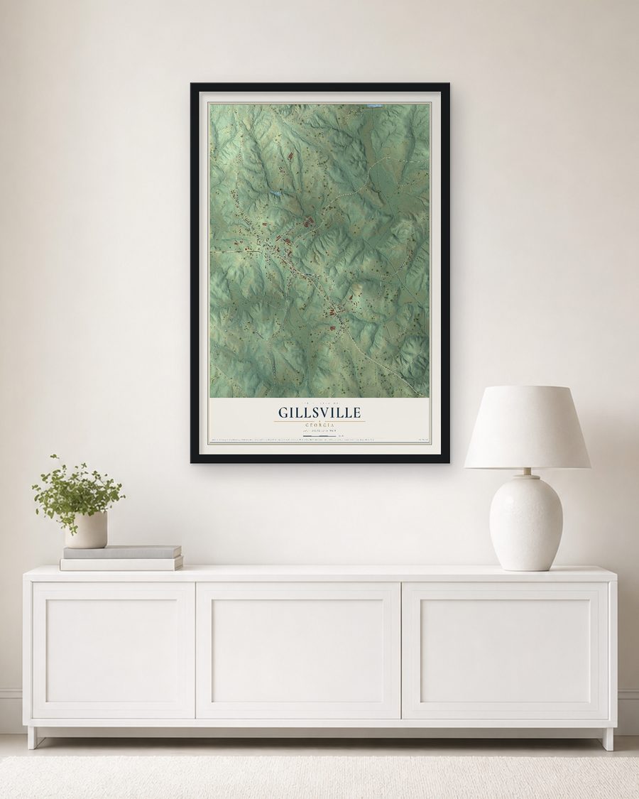 The Gillsville, Georgia map, 24 x 36 in, in a black wood frame on a living room wall