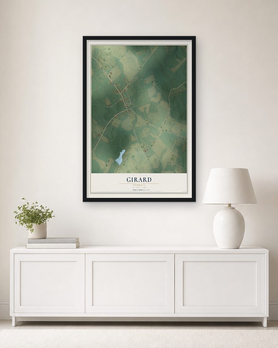 The Girard, Georgia map, 24 x 36 in, in a black wood frame on a living room wall