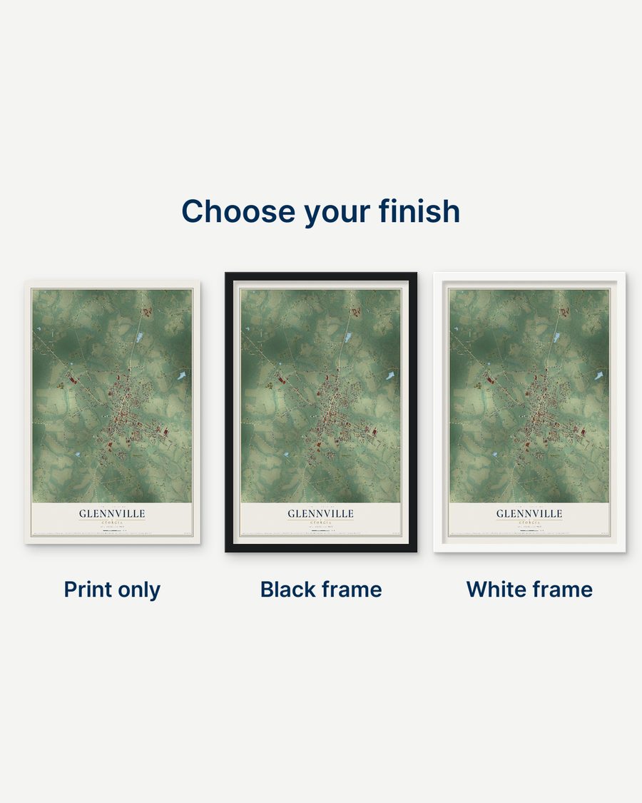 The Glennville, Georgia map as a print only, in a black frame and in a white frame