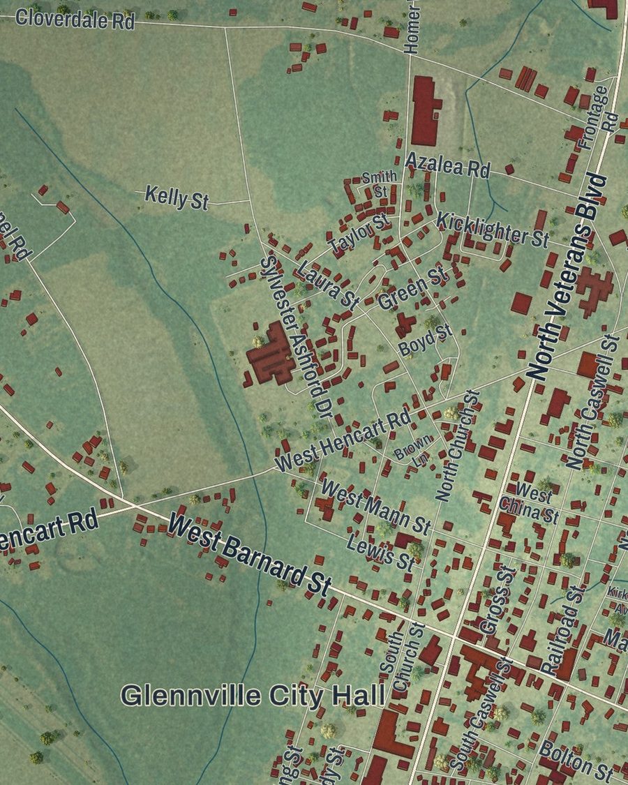 Close-up of Glennville streets on the map