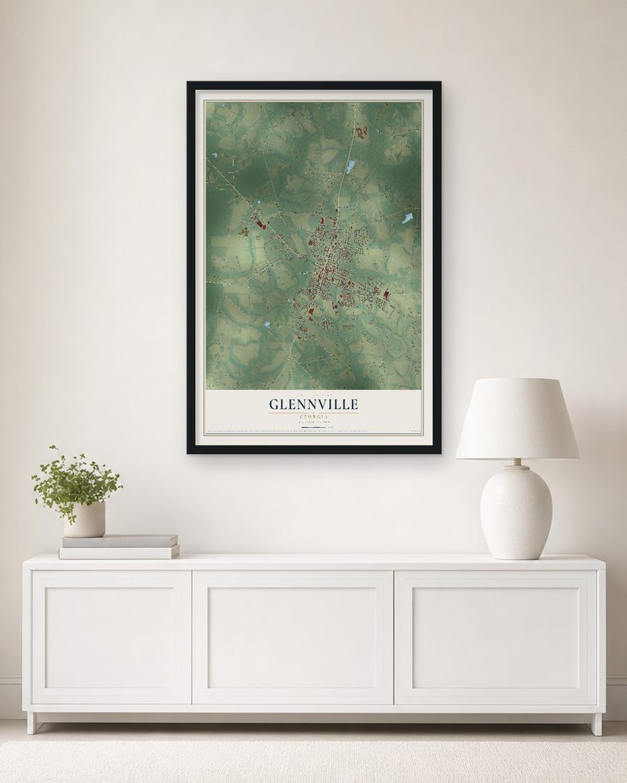 The Glennville, Georgia map, 24 x 36 in, in a black wood frame on a living room wall