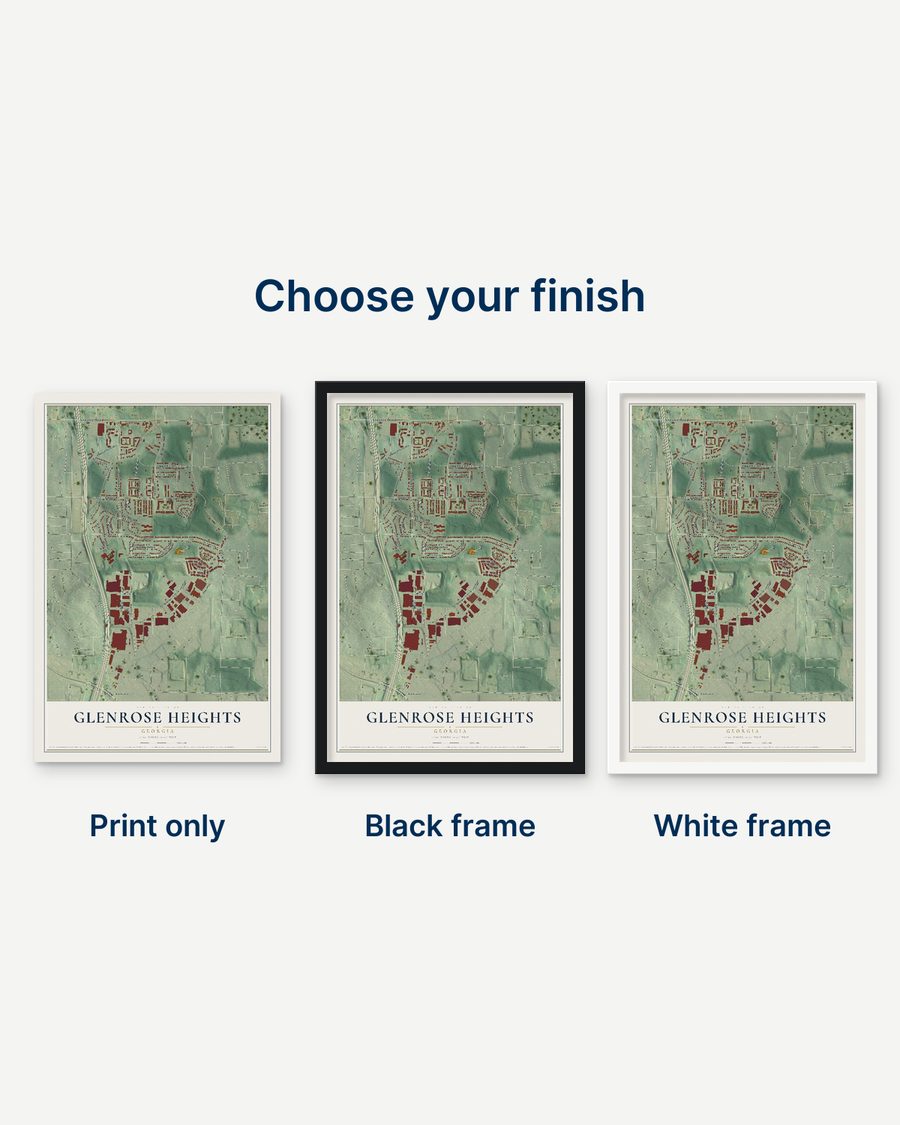 The Glenrose Heights, Georgia map as a print only, in a black frame and in a white frame
