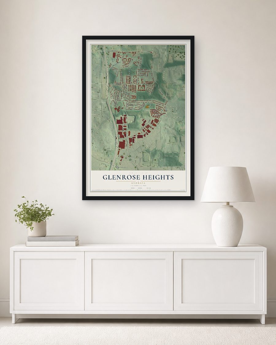 The Glenrose Heights, Georgia map, 24 x 36 in, in a black wood frame on a living room wall