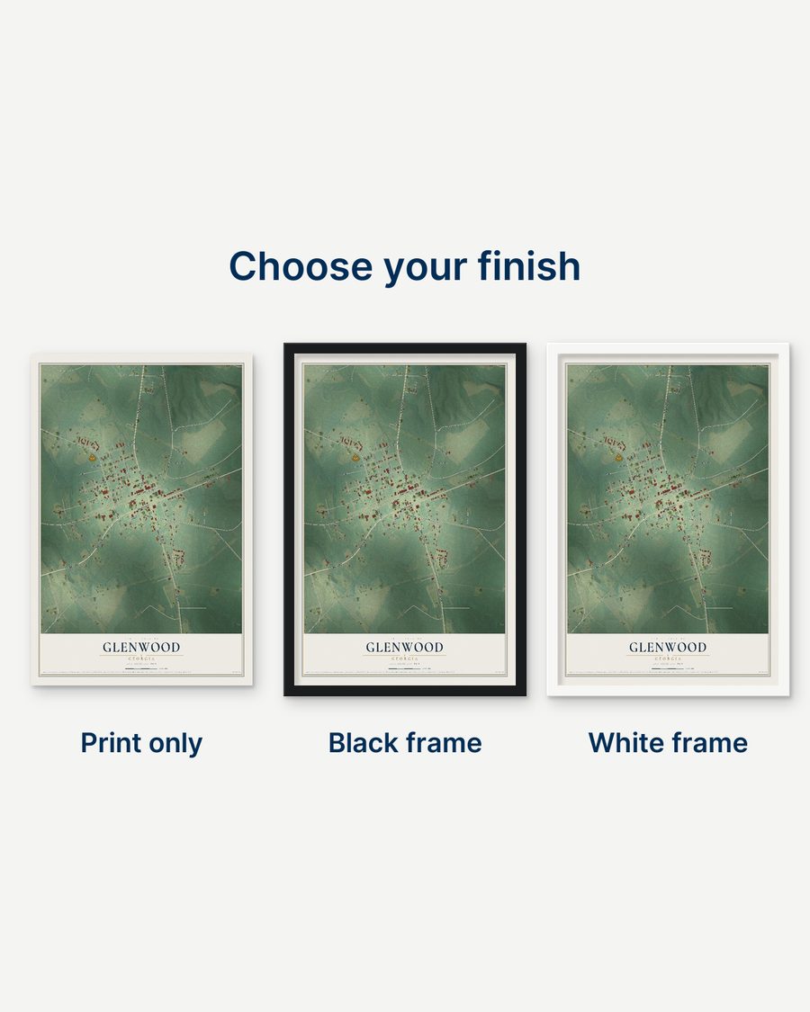 The Glenwood, Georgia map as a print only, in a black frame and in a white frame