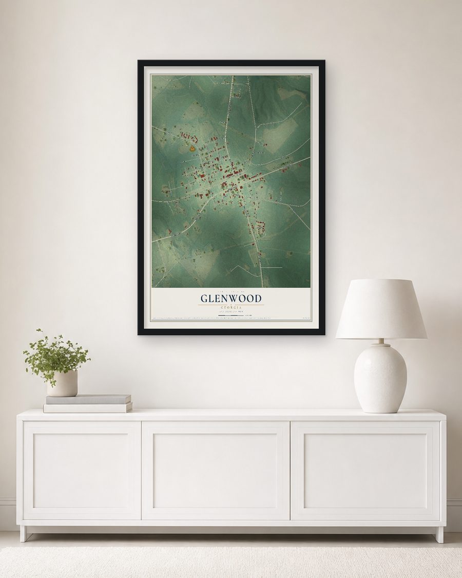 The Glenwood, Georgia map, 24 x 36 in, in a black wood frame on a living room wall