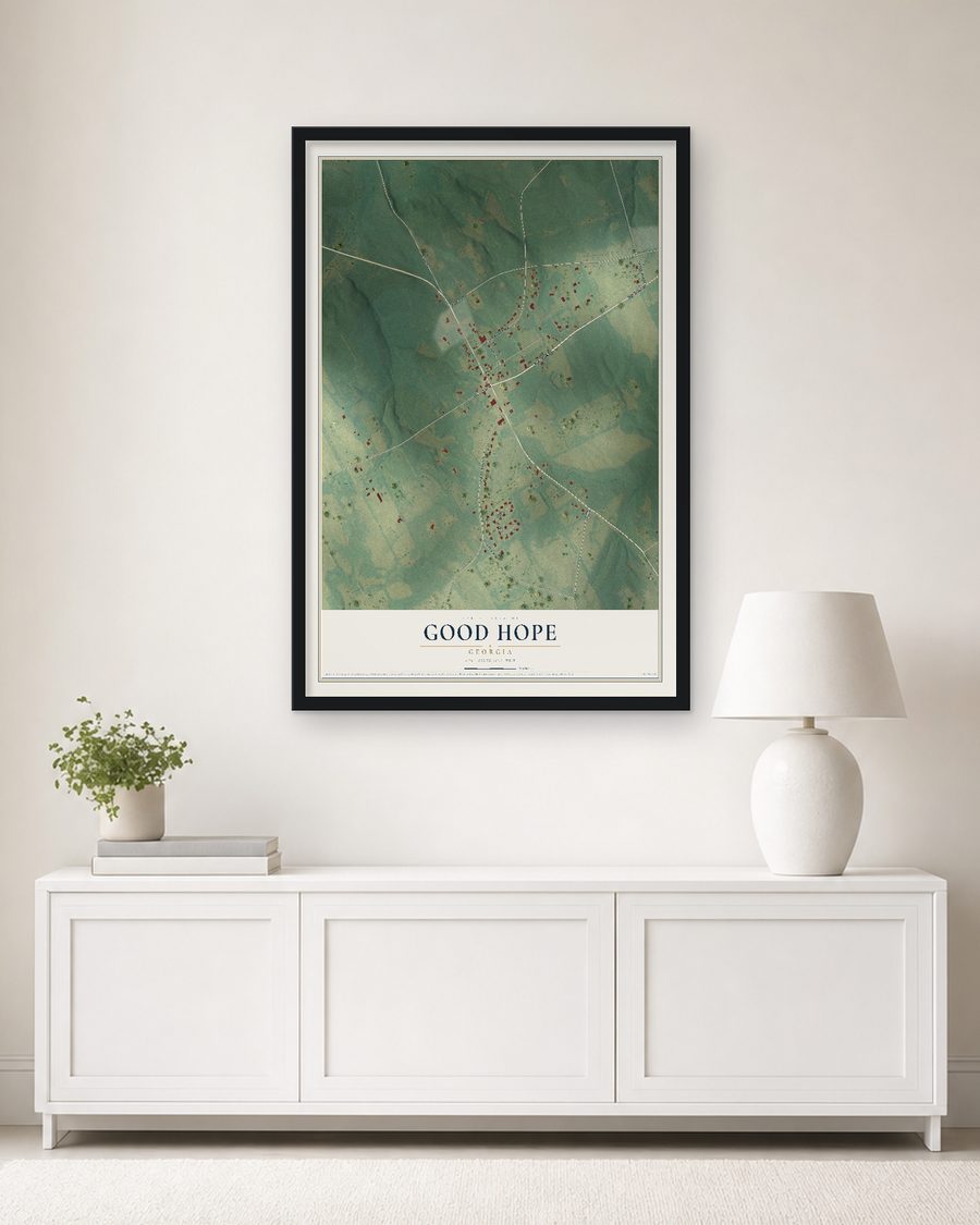 The Good Hope, Georgia map, 24 x 36 in, in a black wood frame on a living room wall
