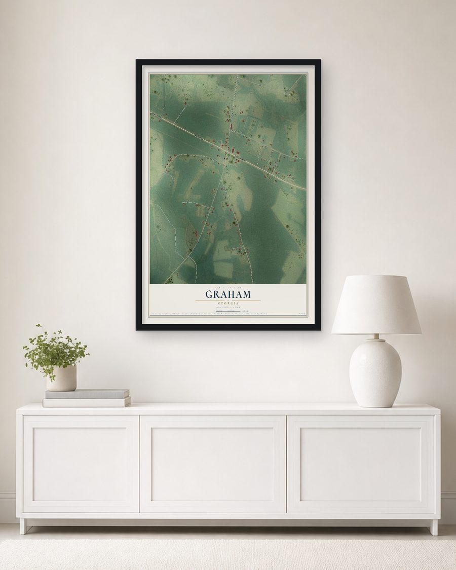 The Graham, Georgia map, 24 x 36 in, in a black wood frame on a living room wall