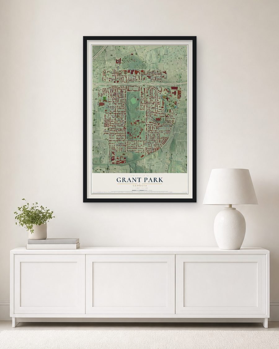 The Grant Park, Georgia map, 24 x 36 in, in a black wood frame on a living room wall