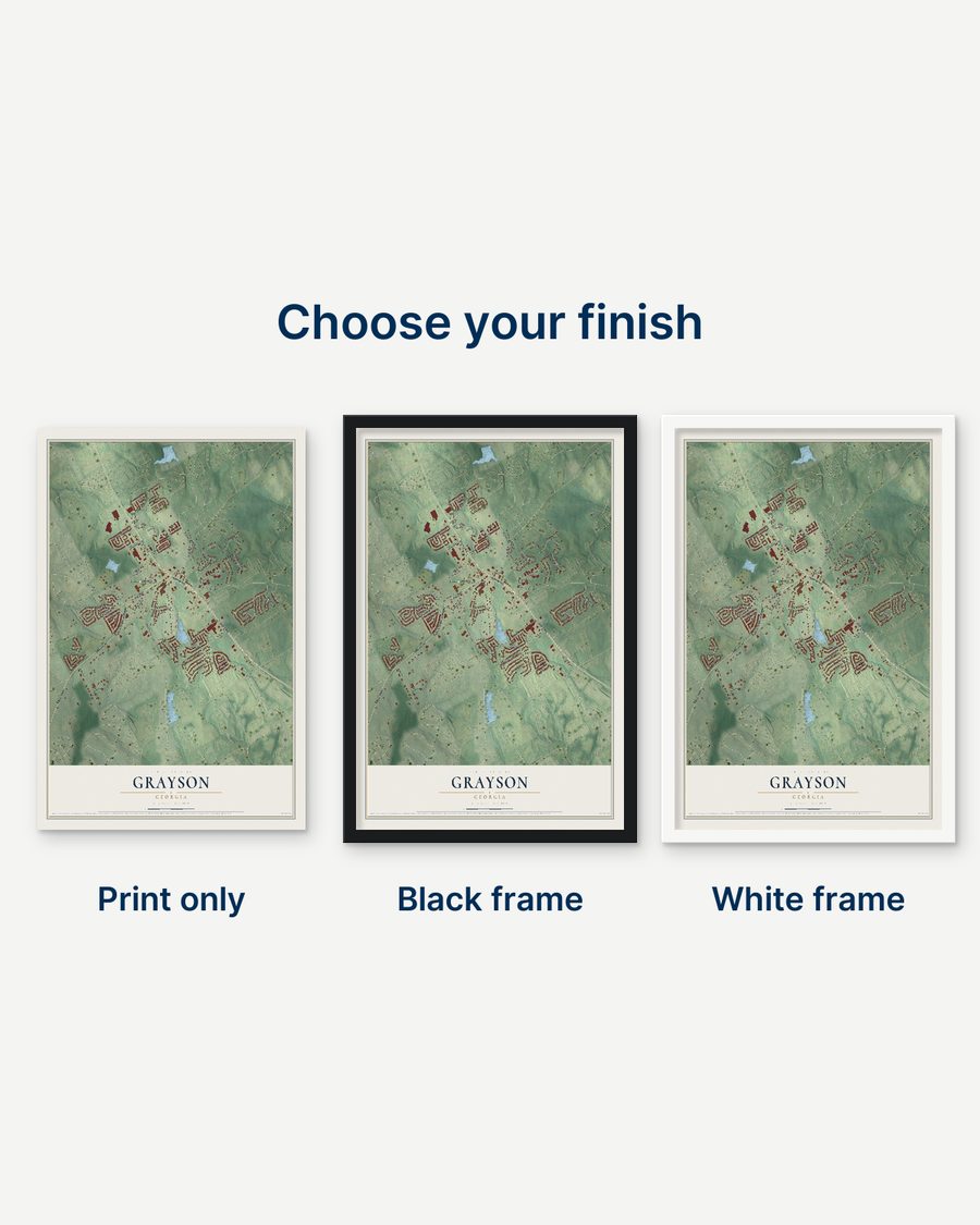 The Grayson, Georgia map as a print only, in a black frame and in a white frame