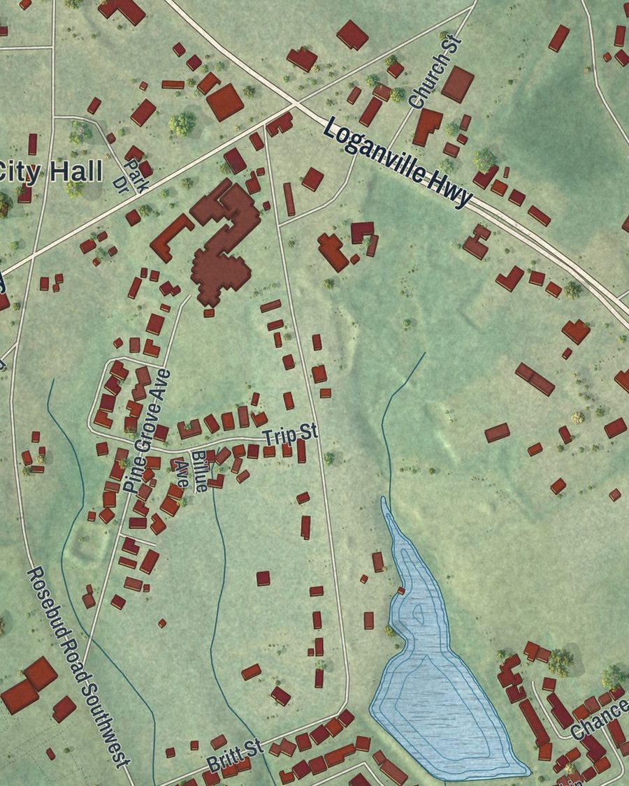 Close-up of Grayson streets on the map