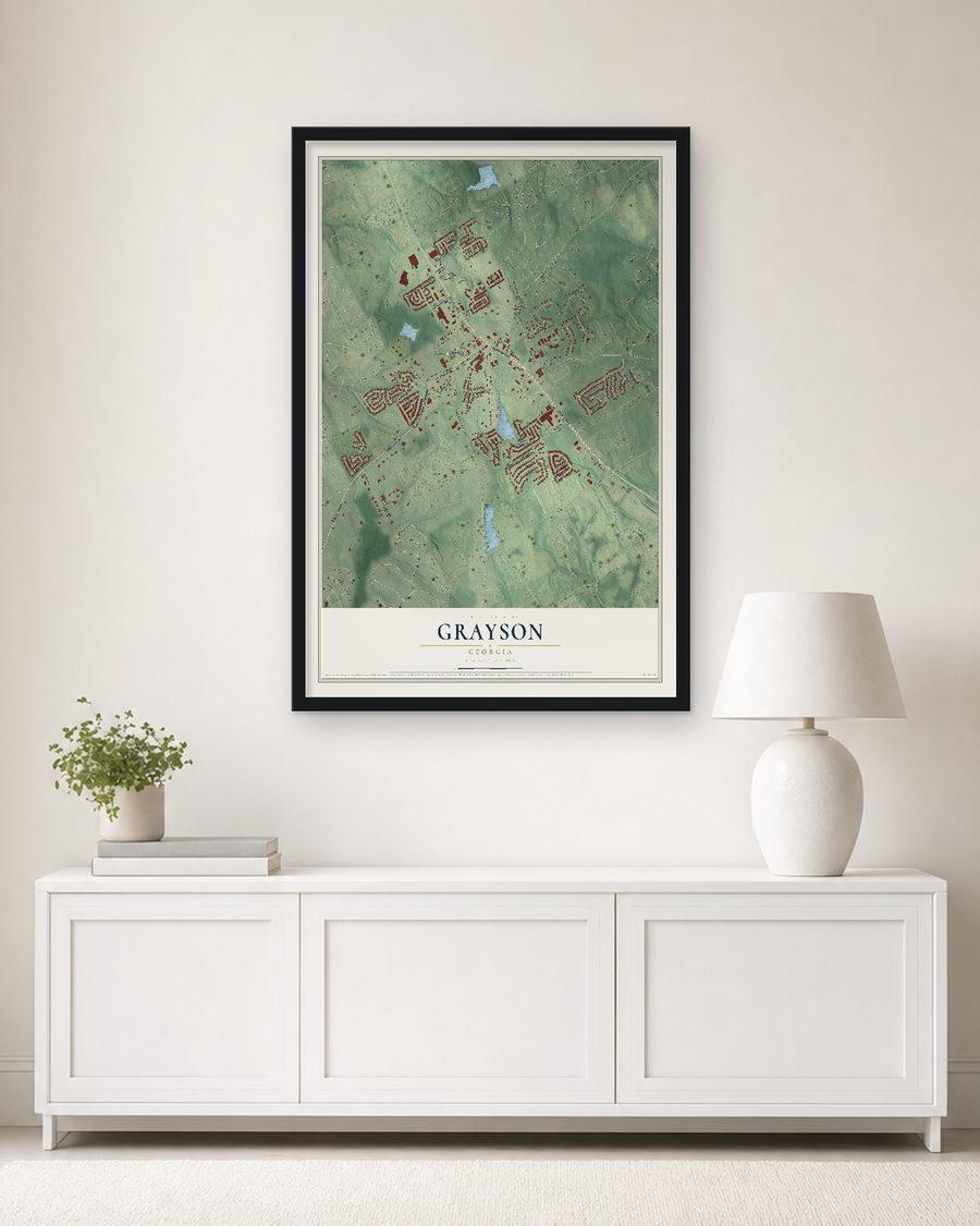 The Grayson, Georgia map, 24 x 36 in, in a black wood frame on a living room wall
