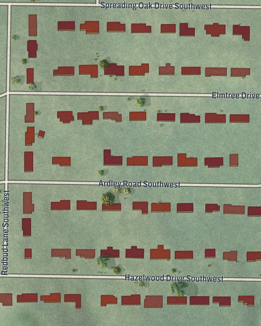 Close-up of Green Acres Valley streets on the map