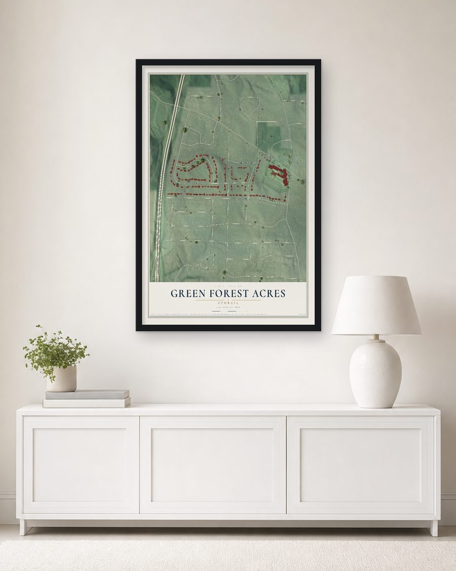 The Green Forest Acres, Georgia map, 24 x 36 in, in a black wood frame on a living room wall