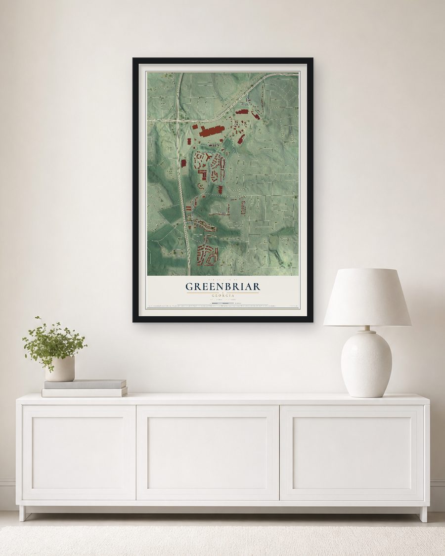 The Greenbriar, Georgia map, 24 x 36 in, in a black wood frame on a living room wall