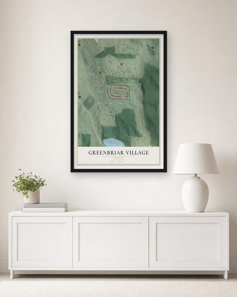 The Greenbriar Village, Georgia map, 24 x 36 in, in a black wood frame on a living room wall