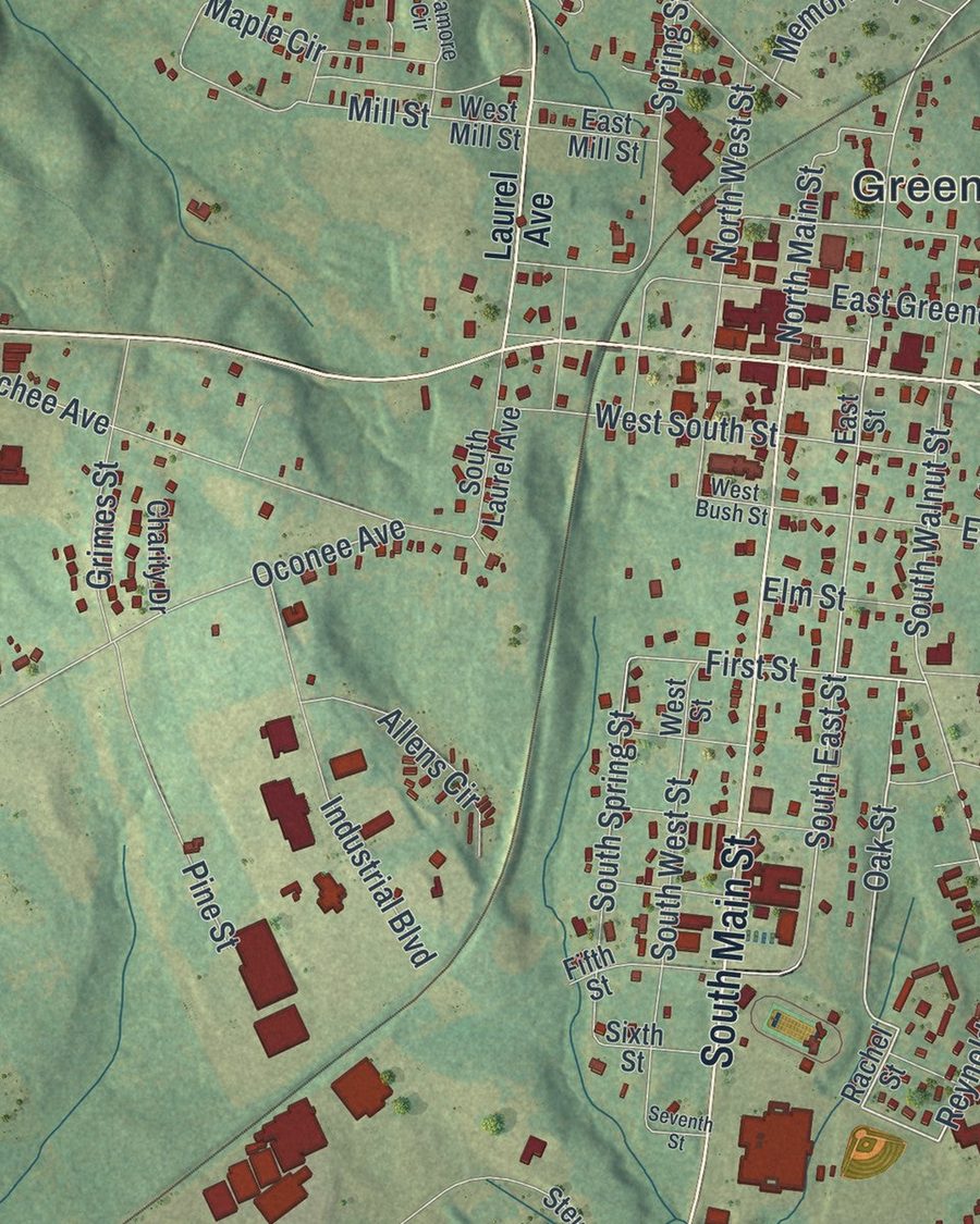 Close-up of Greensboro streets on the map