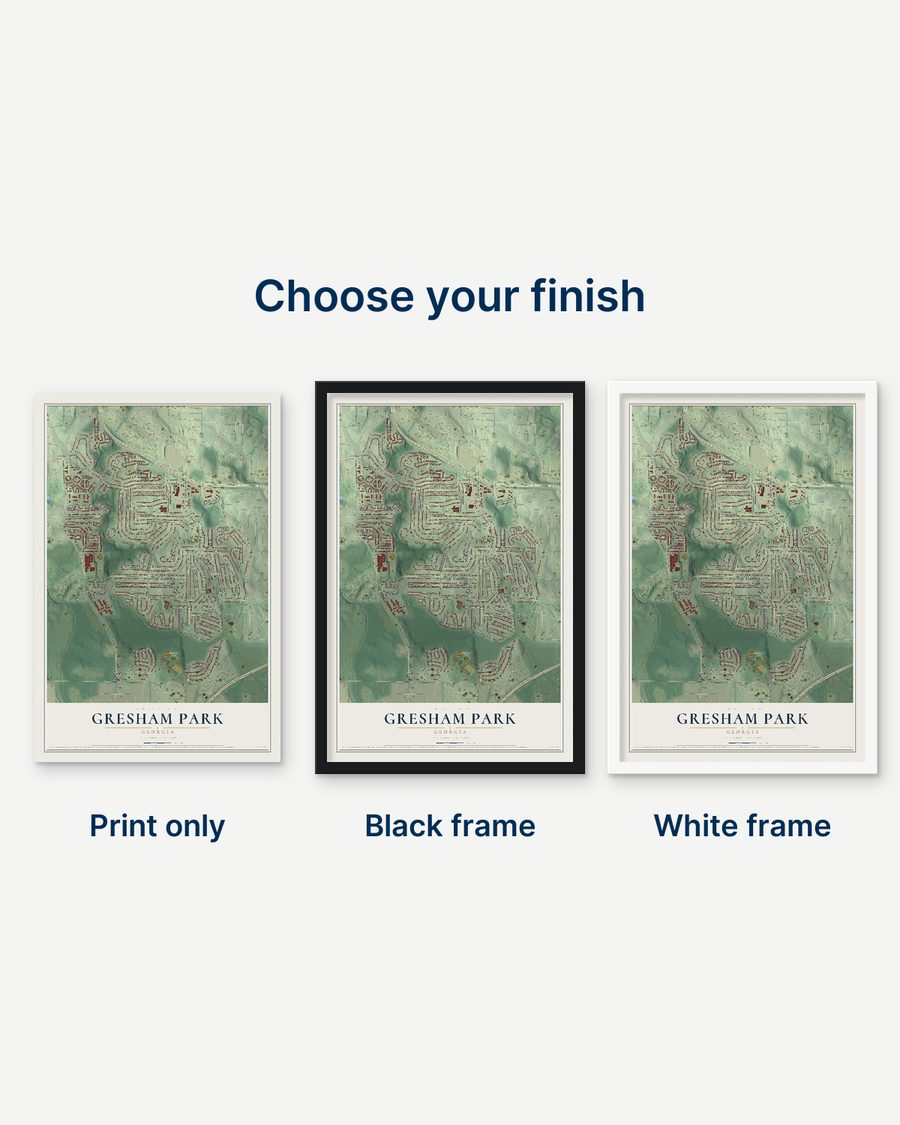 The Gresham Park, Georgia map as a print only, in a black frame and in a white frame