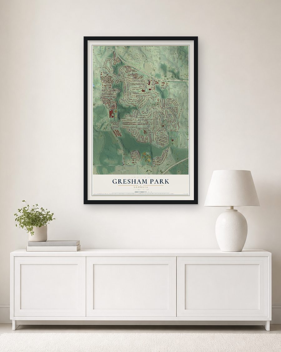 The Gresham Park, Georgia map, 24 x 36 in, in a black wood frame on a living room wall
