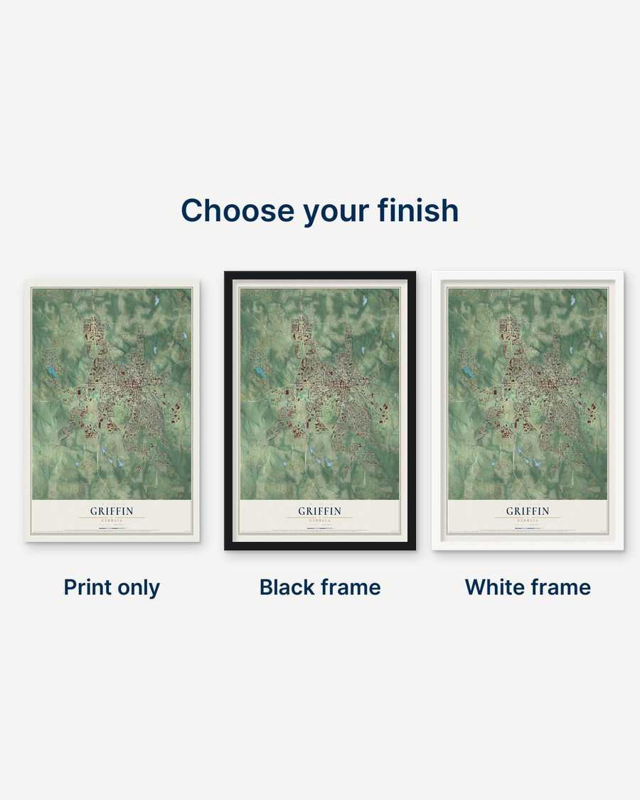 The Griffin, Georgia map as a print only, in a black frame and in a white frame