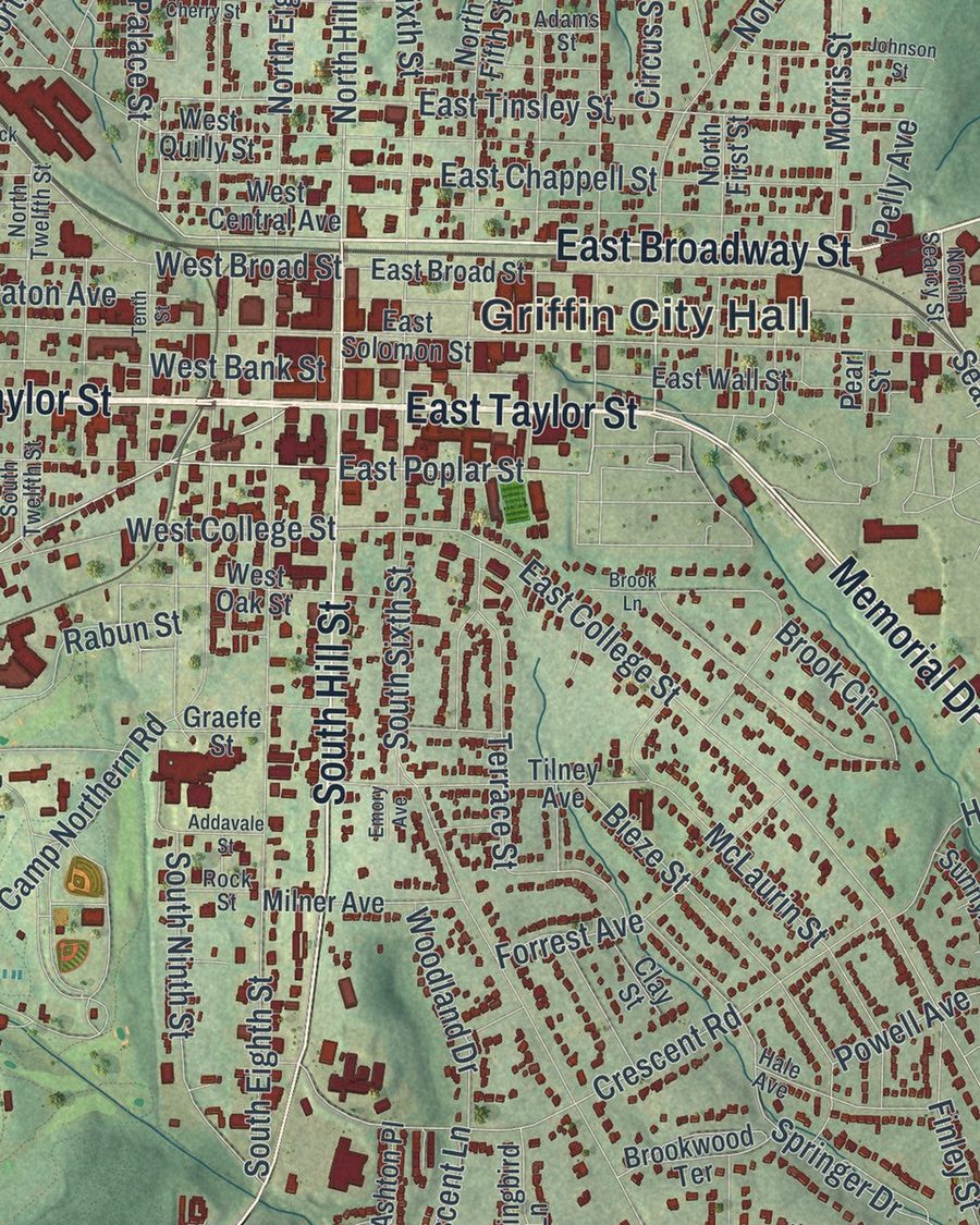 Close-up of Griffin streets on the map