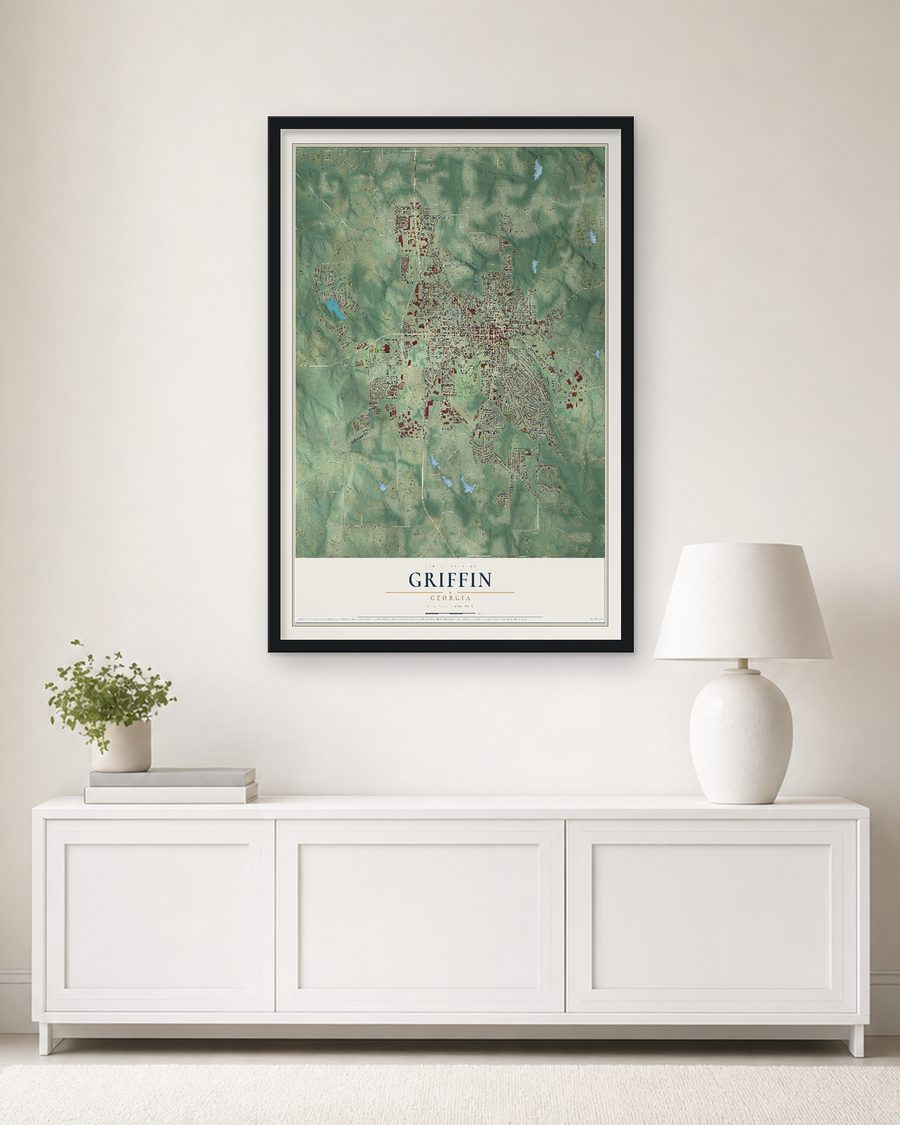 The Griffin, Georgia map, 24 x 36 in, in a black wood frame on a living room wall