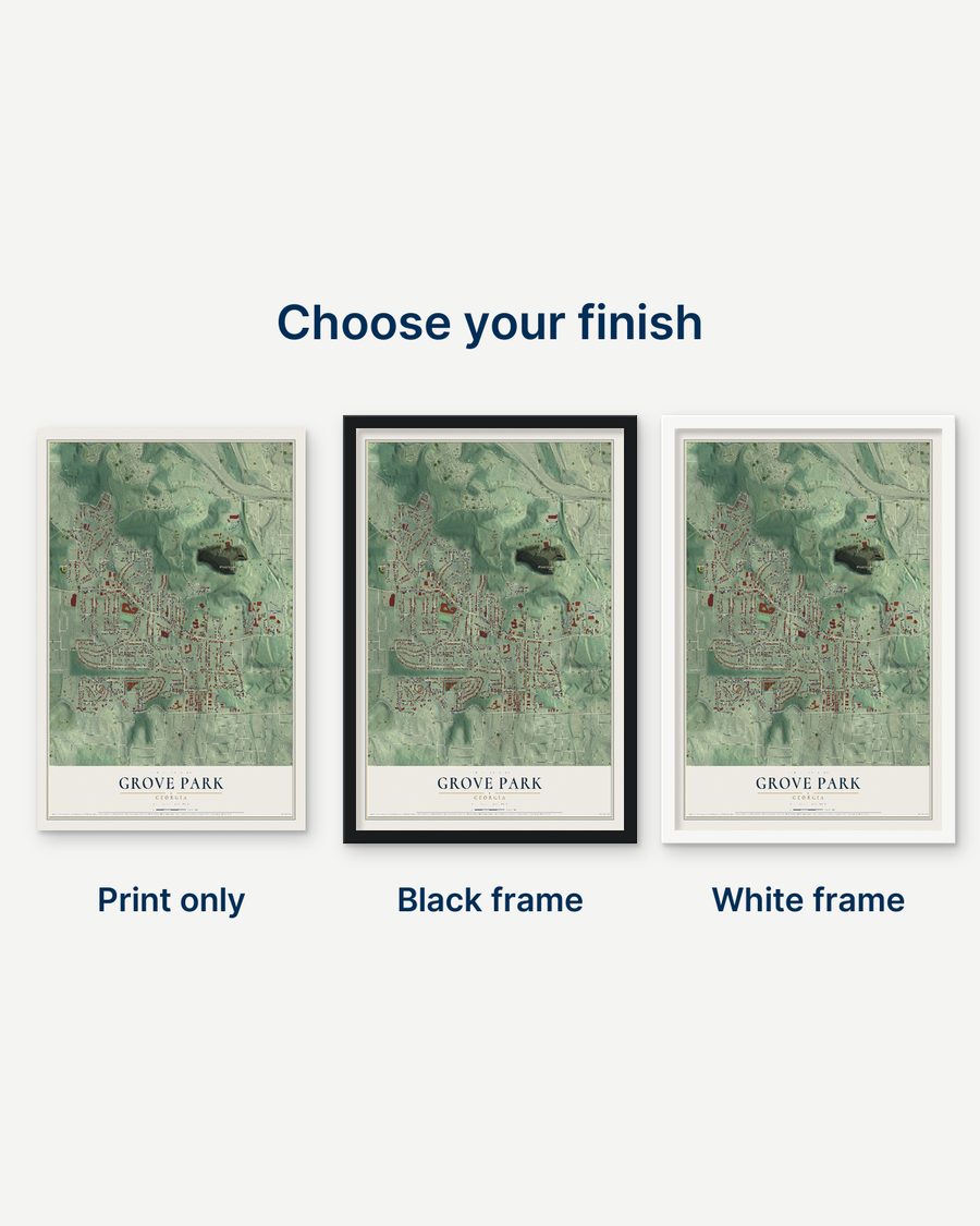 The Grove Park, Georgia map as a print only, in a black frame and in a white frame