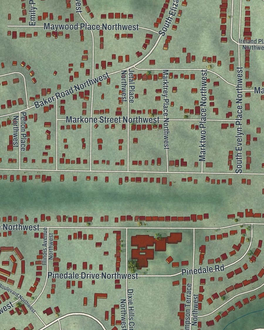 Close-up of Grove Park streets on the map