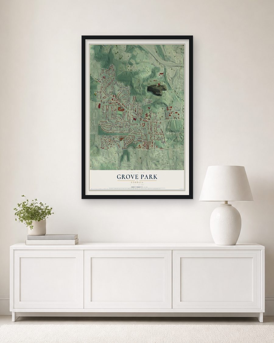 The Grove Park, Georgia map, 24 x 36 in, in a black wood frame on a living room wall