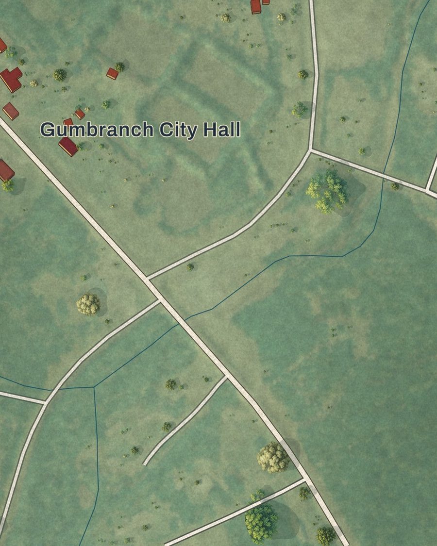 Close-up of Gumbranch streets on the map
