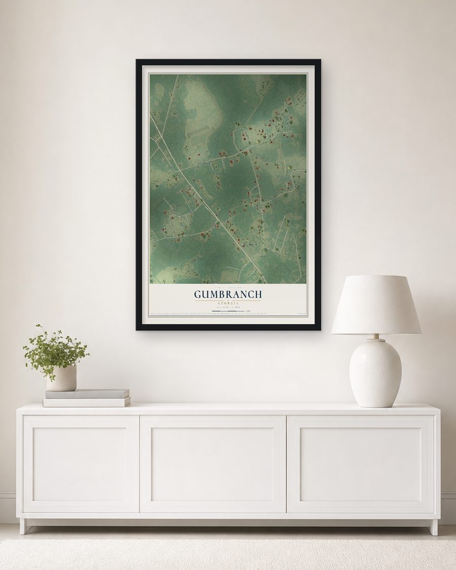 The Gumbranch, Georgia map, 24 x 36 in, in a black wood frame on a living room wall