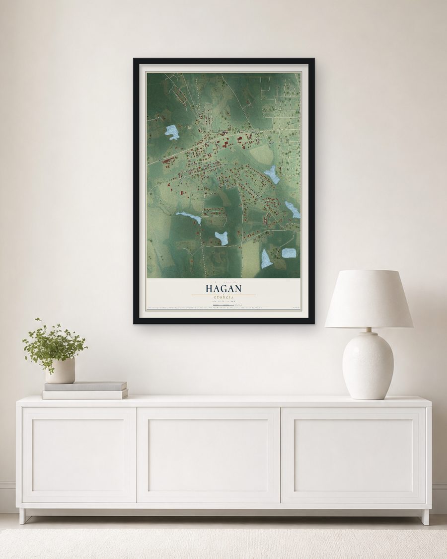 The Hagan, Georgia map, 24 x 36 in, in a black wood frame on a living room wall