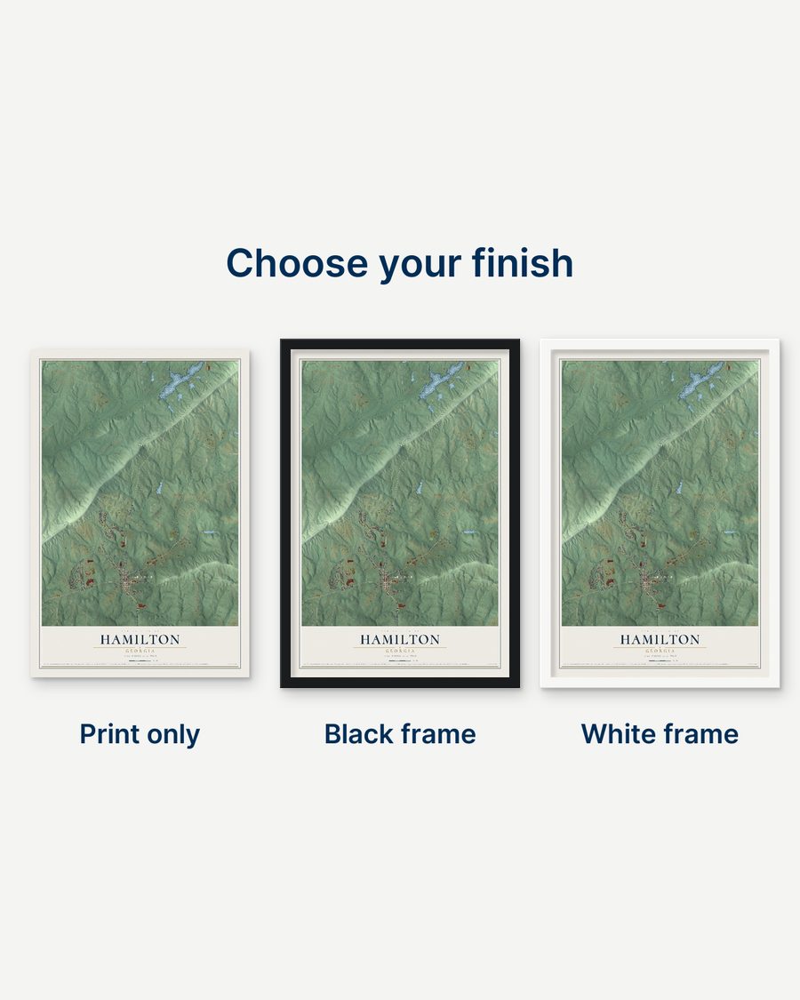 The Hamilton, Georgia map as a print only, in a black frame and in a white frame