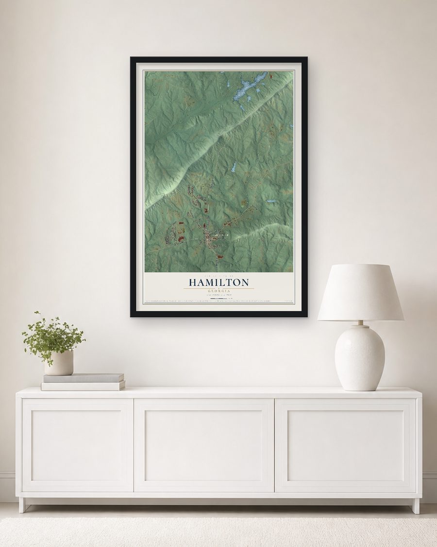 The Hamilton, Georgia map, 24 x 36 in, in a black wood frame on a living room wall