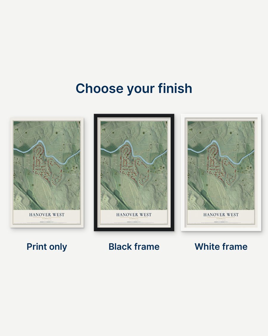 The Hanover West, Georgia map as a print only, in a black frame and in a white frame