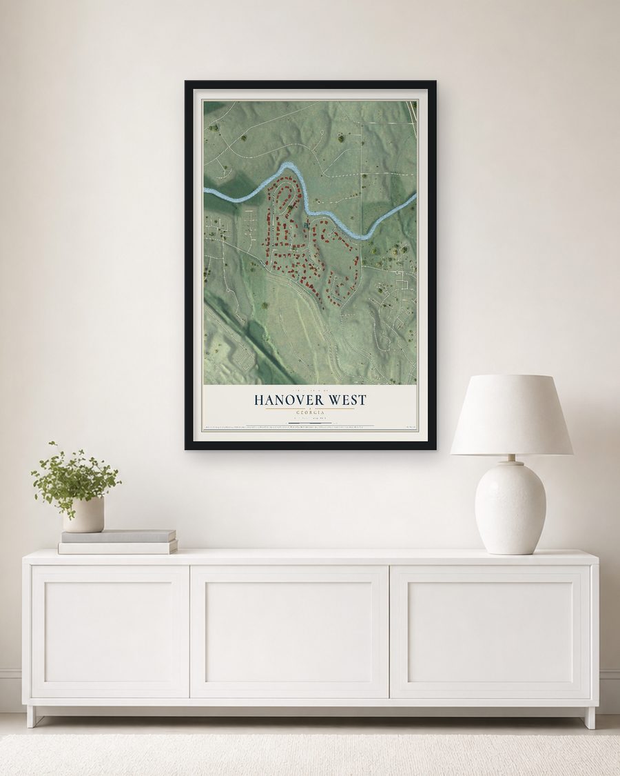 The Hanover West, Georgia map, 24 x 36 in, in a black wood frame on a living room wall