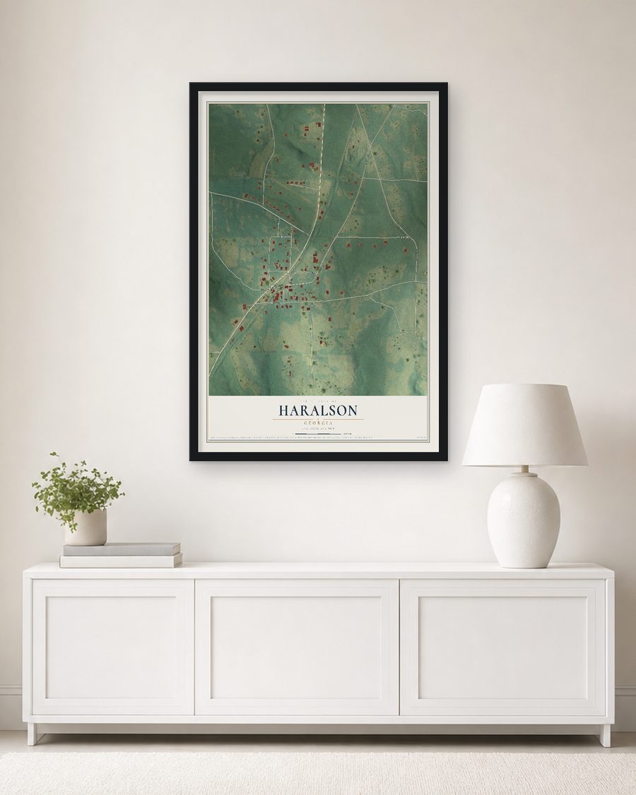 The Haralson, Georgia map, 24 x 36 in, in a black wood frame on a living room wall