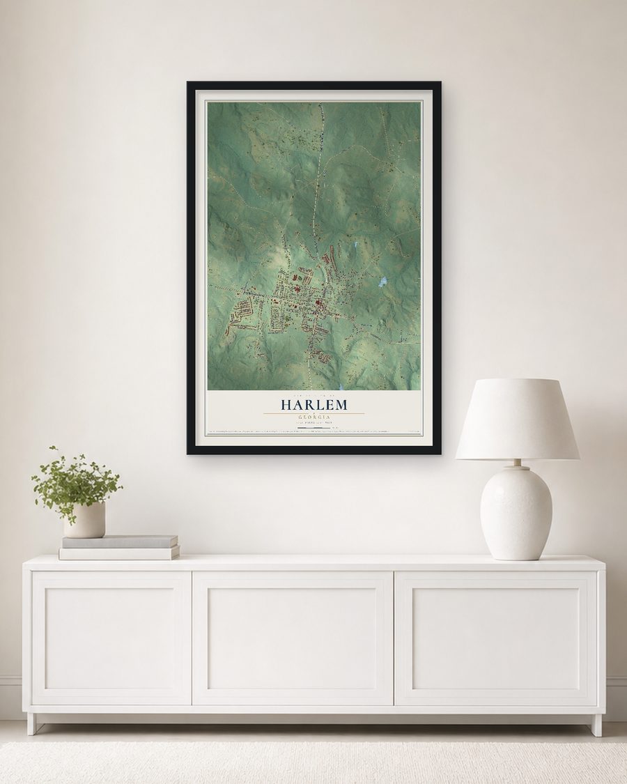 The Harlem, Georgia map, 24 x 36 in, in a black wood frame on a living room wall