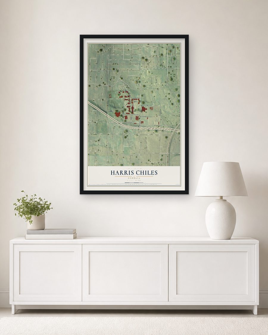 The Harris Chiles, Georgia map, 24 x 36 in, in a black wood frame on a living room wall