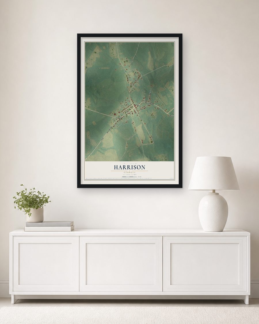 The Harrison, Georgia map, 24 x 36 in, in a black wood frame on a living room wall