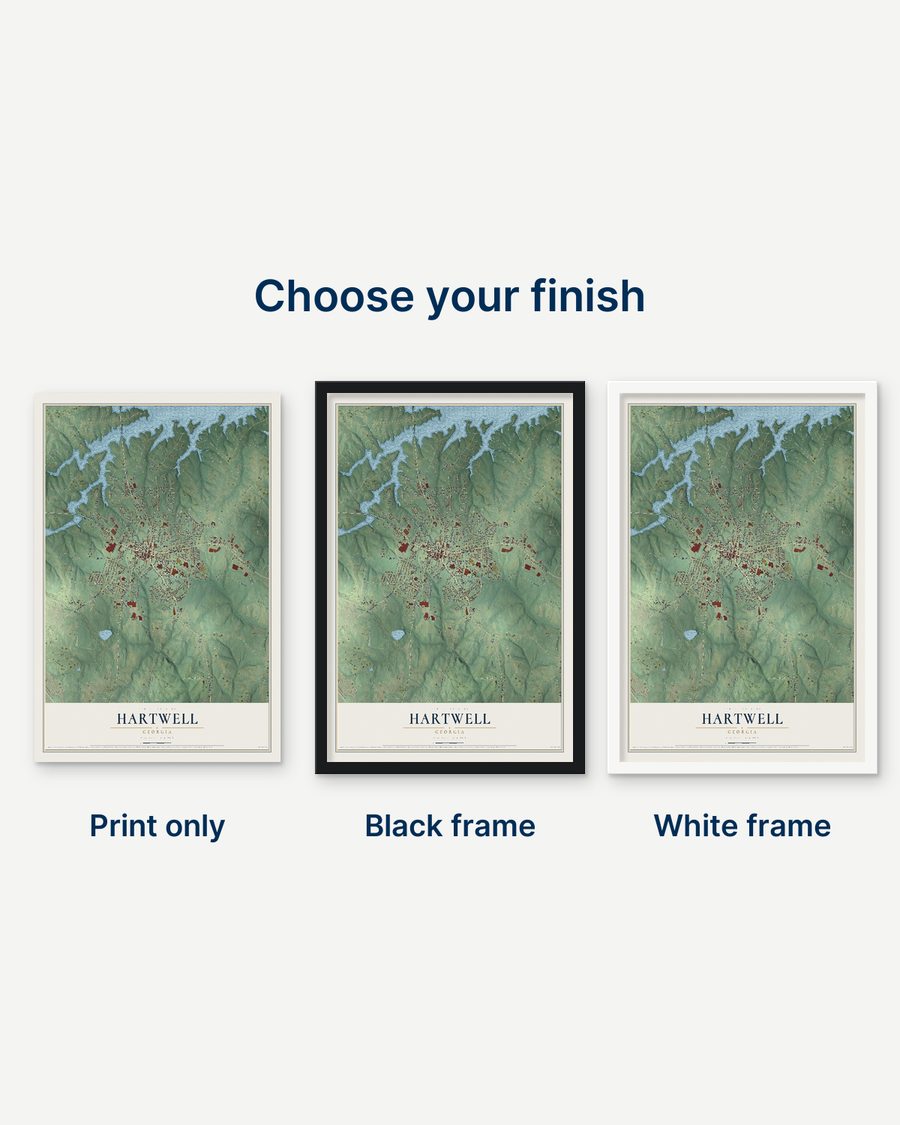 The Hartwell, Georgia map as a print only, in a black frame and in a white frame