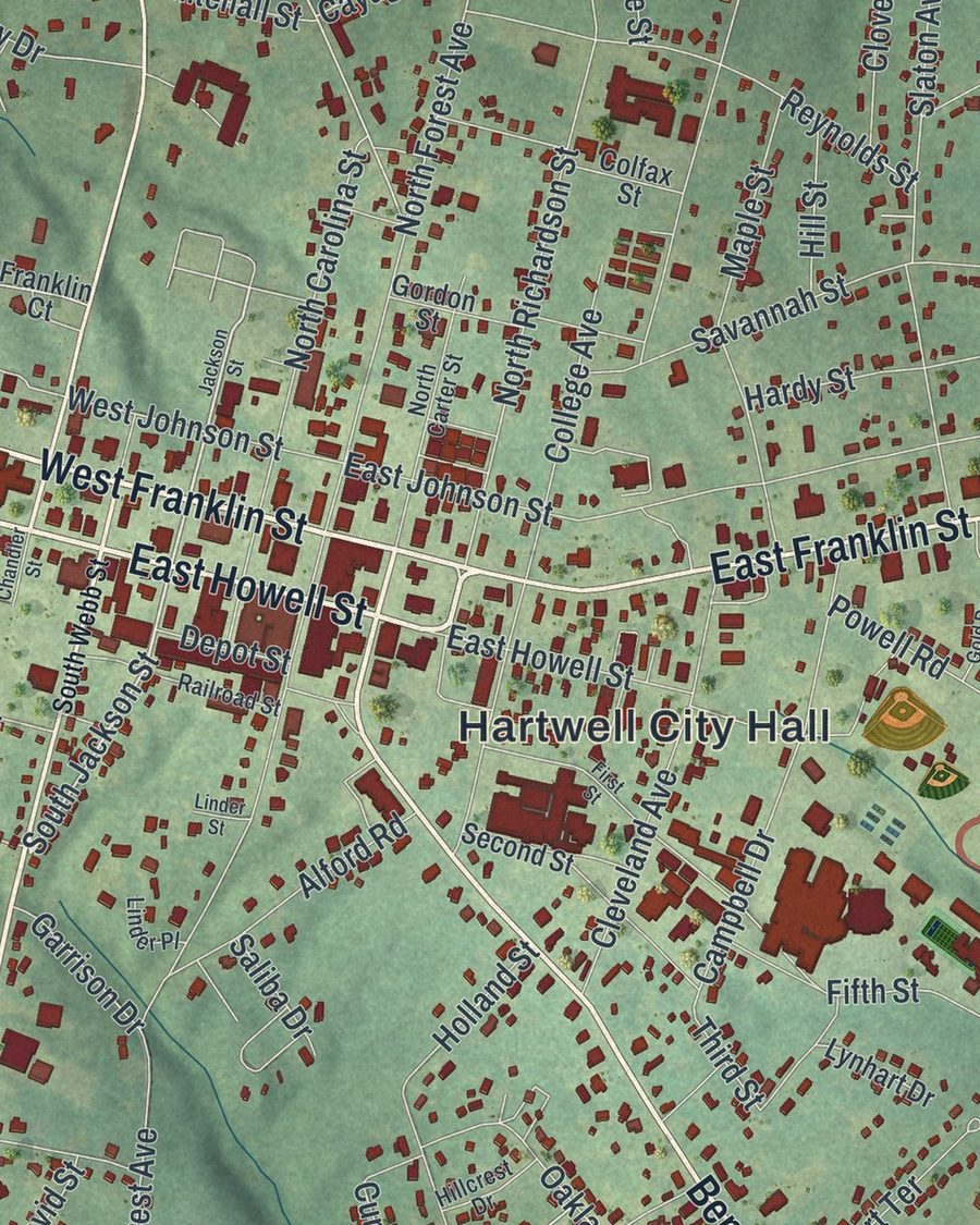 Close-up of Hartwell streets on the map