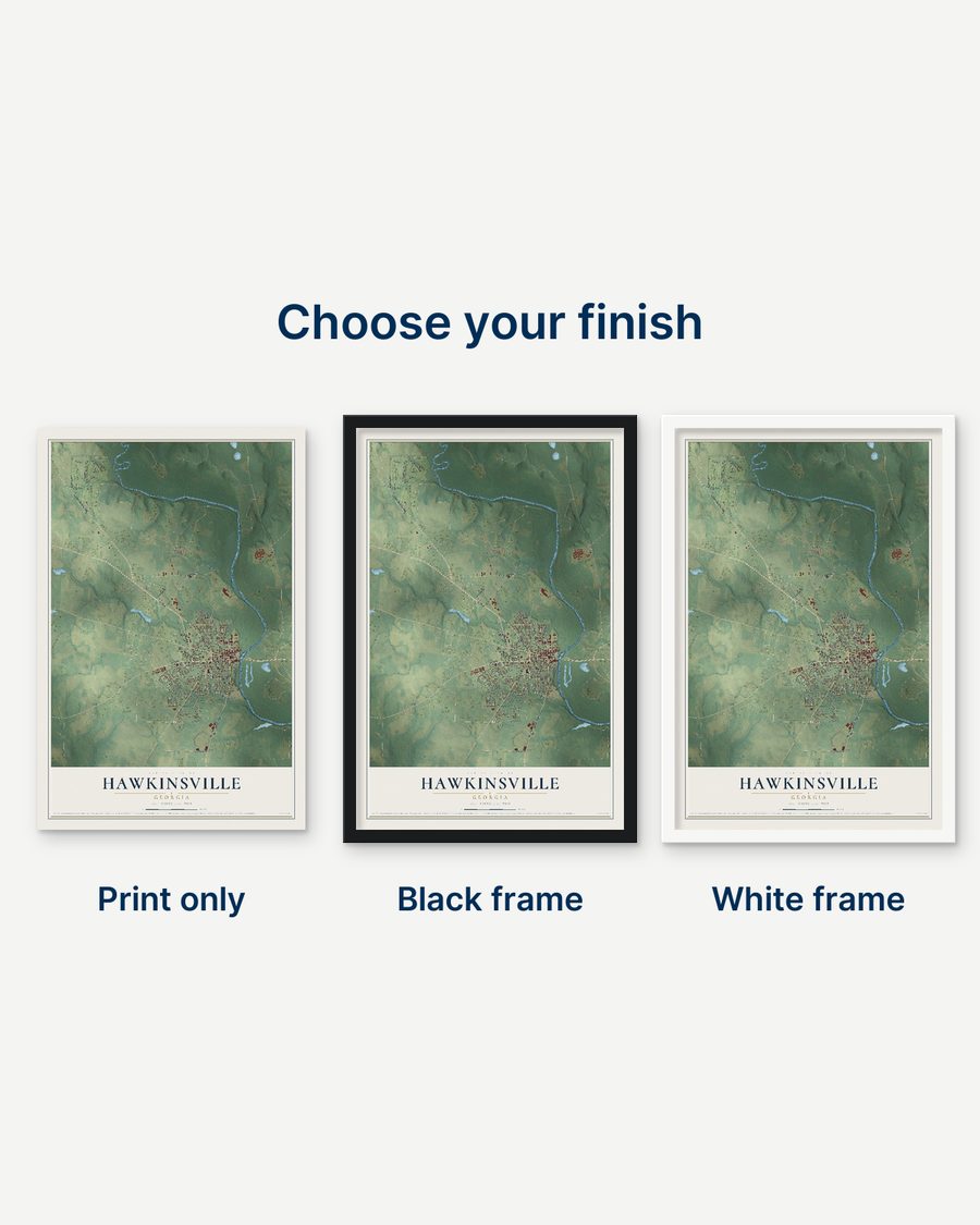 The Hawkinsville, Georgia map as a print only, in a black frame and in a white frame