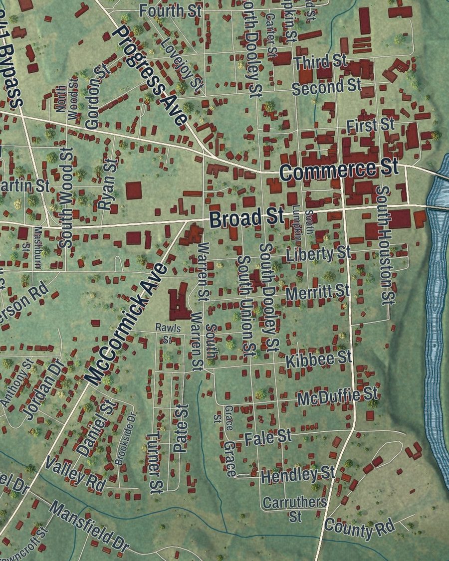 Close-up of Hawkinsville streets on the map