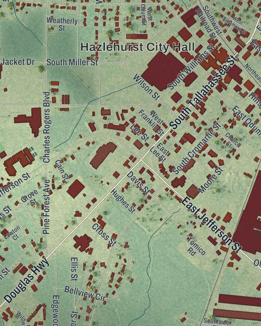 Close-up of Hazlehurst streets on the map