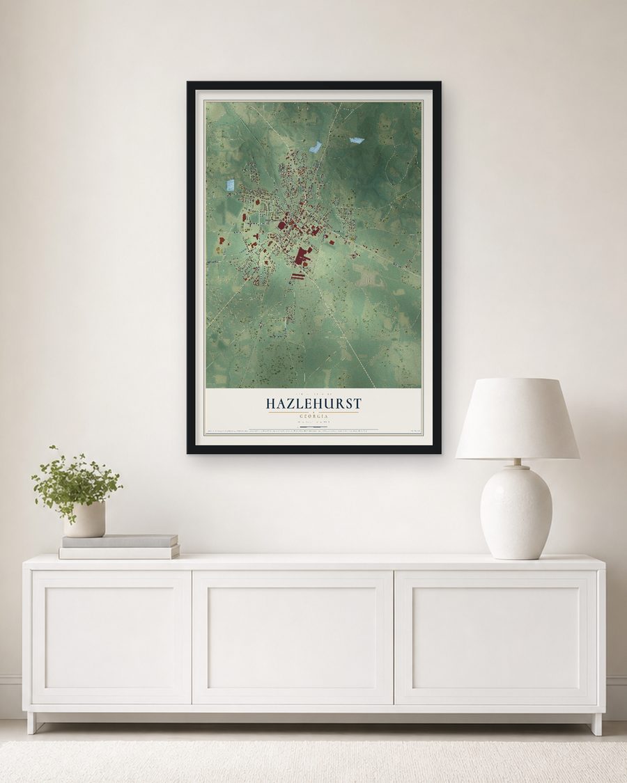 The Hazlehurst, Georgia map, 24 x 36 in, in a black wood frame on a living room wall