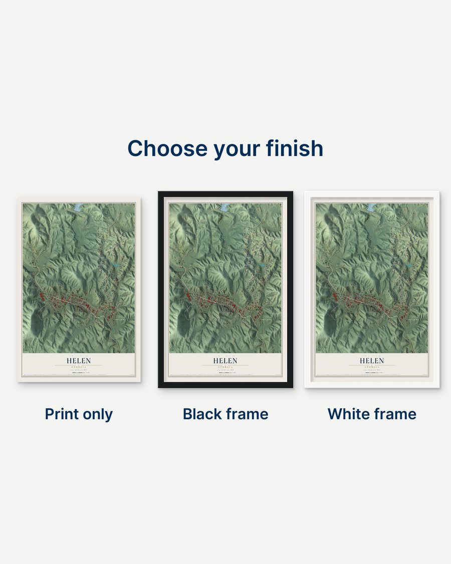 The Helen, Georgia map as a print only, in a black frame and in a white frame