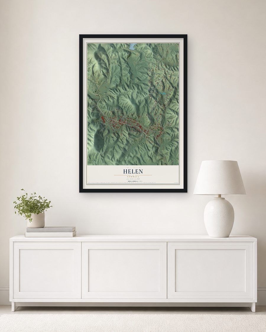 The Helen, Georgia map, 24 x 36 in, in a black wood frame on a living room wall