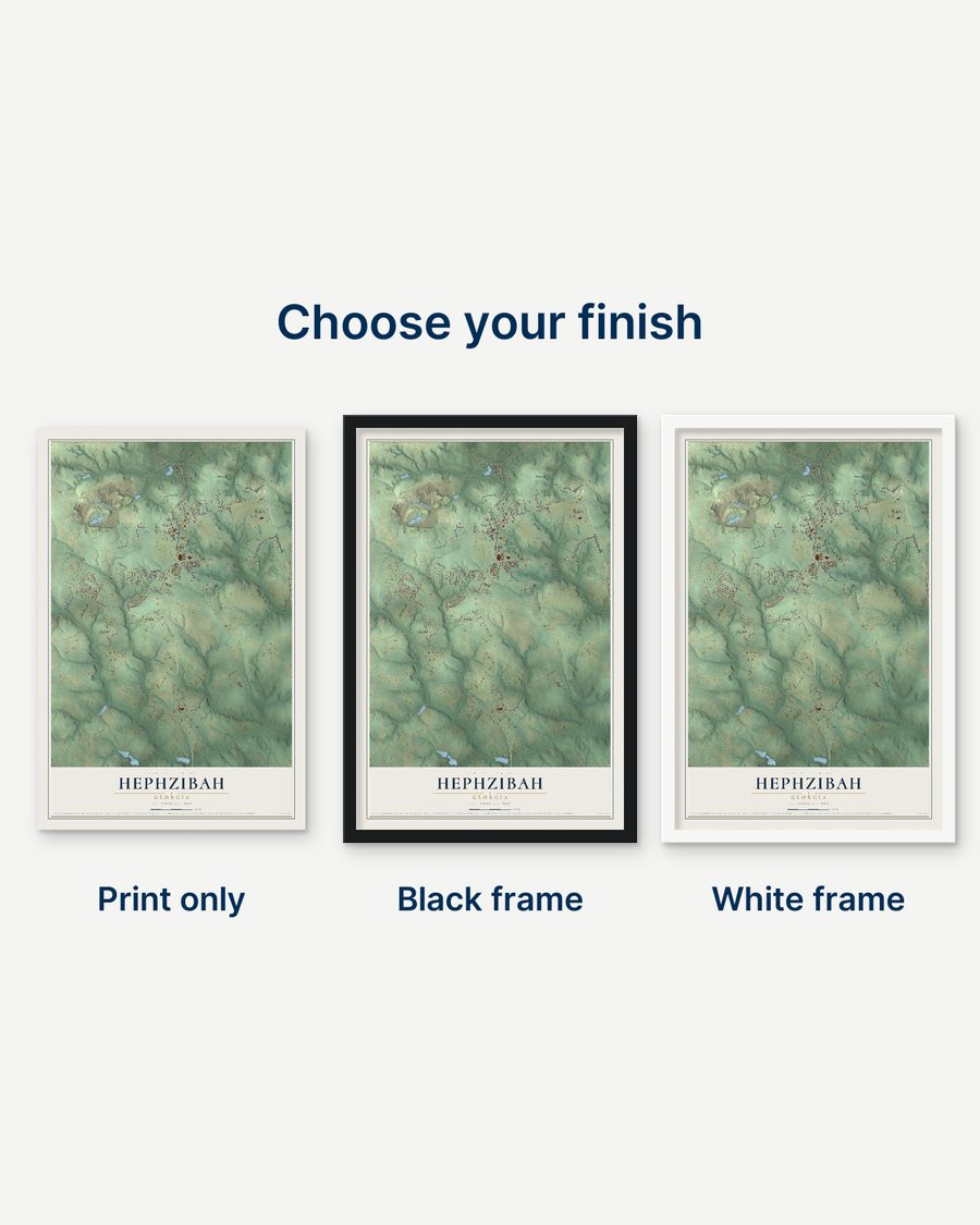 The Hephzibah, Georgia map as a print only, in a black frame and in a white frame